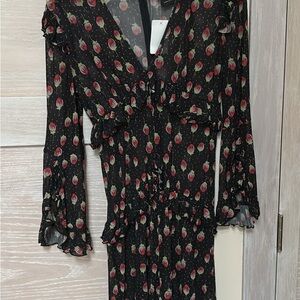 Anna Sui Black and Pink Sheath Midi Dress with Bell Sleeves